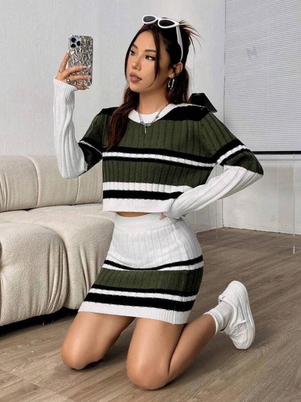 Women's Colorblock Striped Print Crew Neck Sweater & Bodycon Skirt Two-piece Set, Casual Fashion Cozy Knitwear Set for Daily Outdoor Wear, Women Knitwear for Spring & Fall